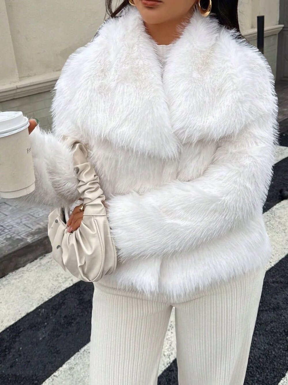 Pure White Casual Women's Loose Fuzzy Zip Pocket Mid-Length Fur Coat - Picture 5 of 8